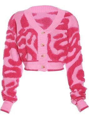 Pink Patterned Cropped V-Neck Cardigan Sweater
